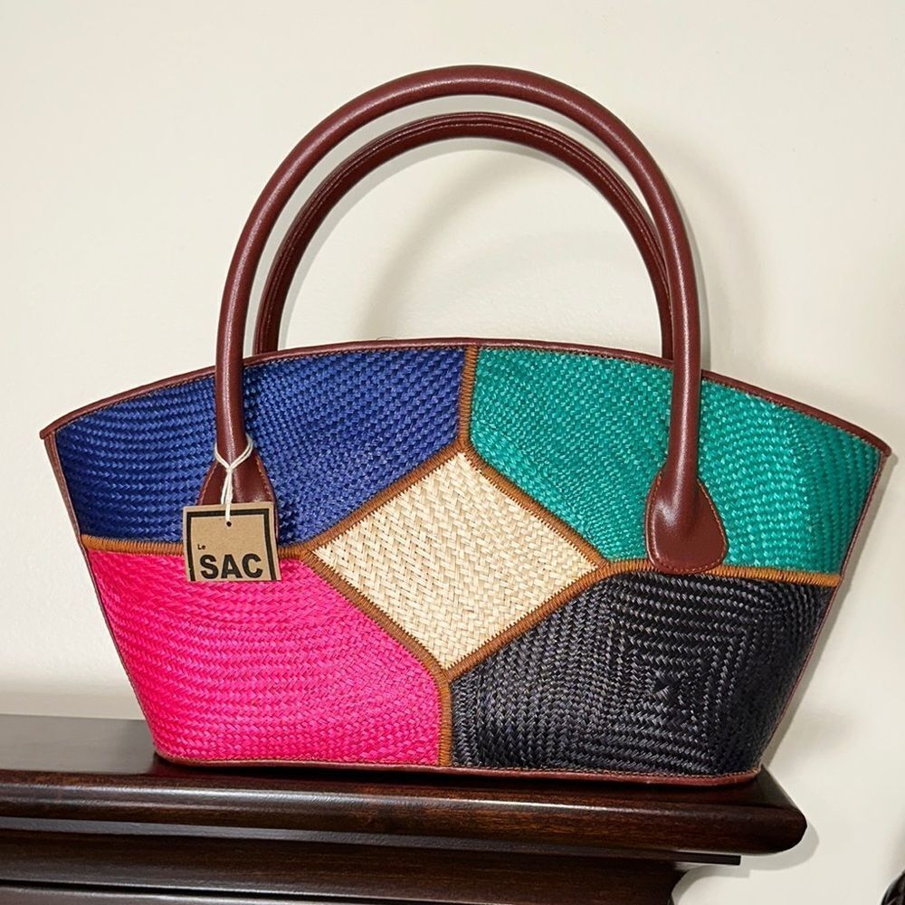 Le SAC Brown Multi Leather Straw Combo Satchel Bag Purse